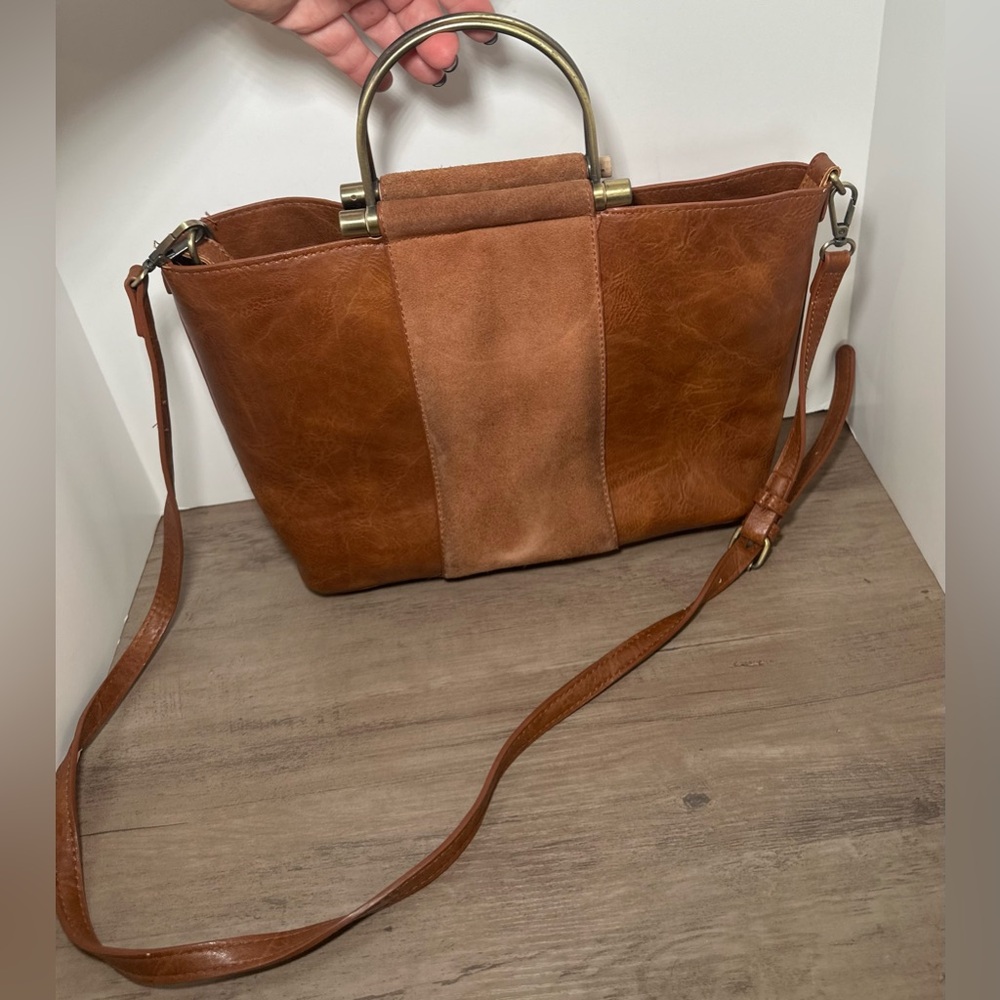 Madison West Crossbody Vegan Leather Brown W/Brass Handles.